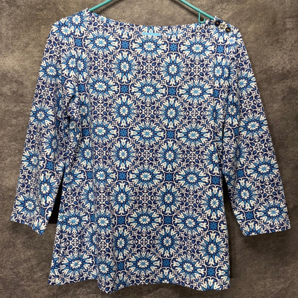 J. McLaughlin Wavesong Tee Top Size M Blue Tile Print Catalina Cloth Boatneck